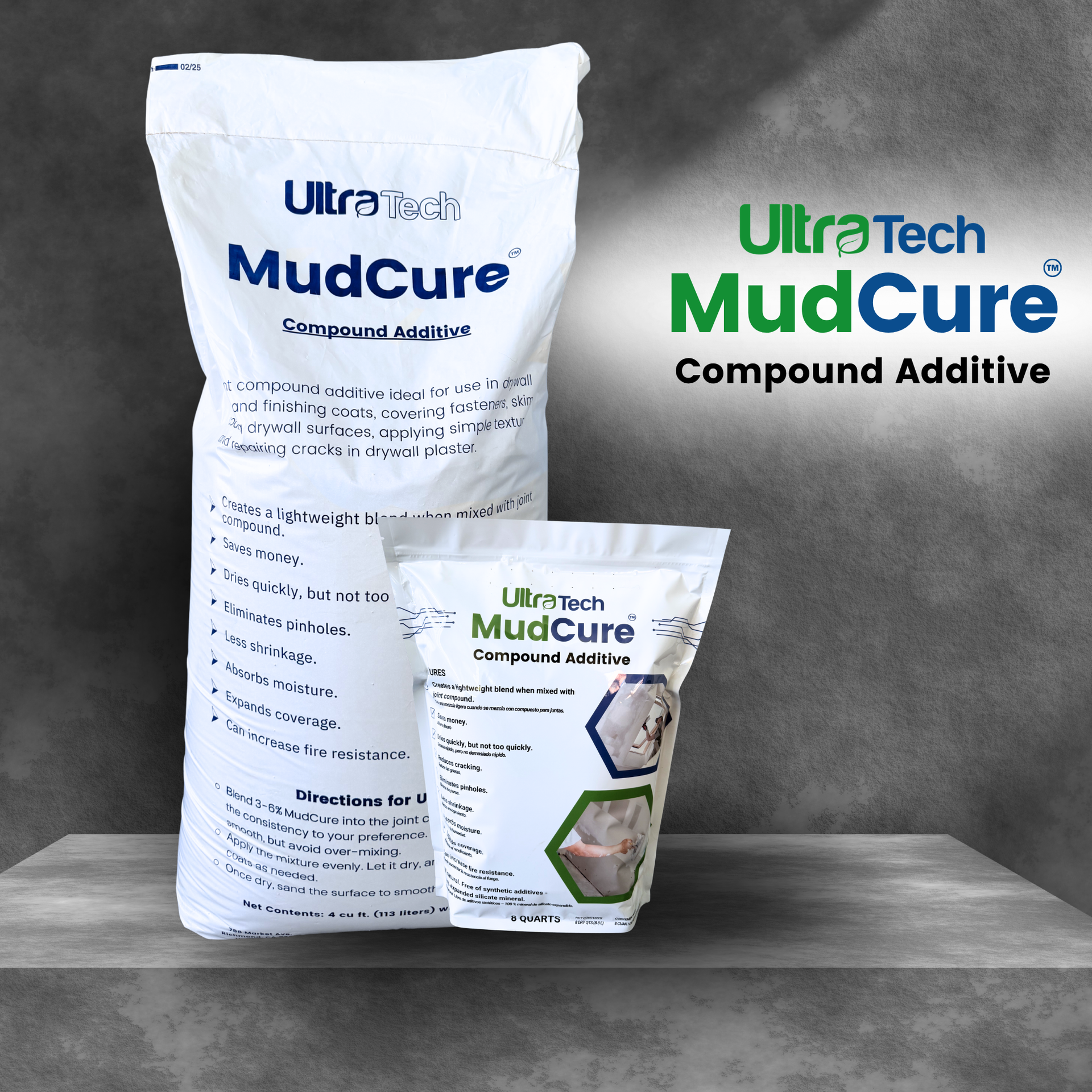 UltraTech MudCure product packaging on a concrete platform, featuring a large bag and a small pouch of compound additive, with green and white text.