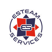 ESTEAM Services logo with red and navy geometric shapes and circular text around a central emblem