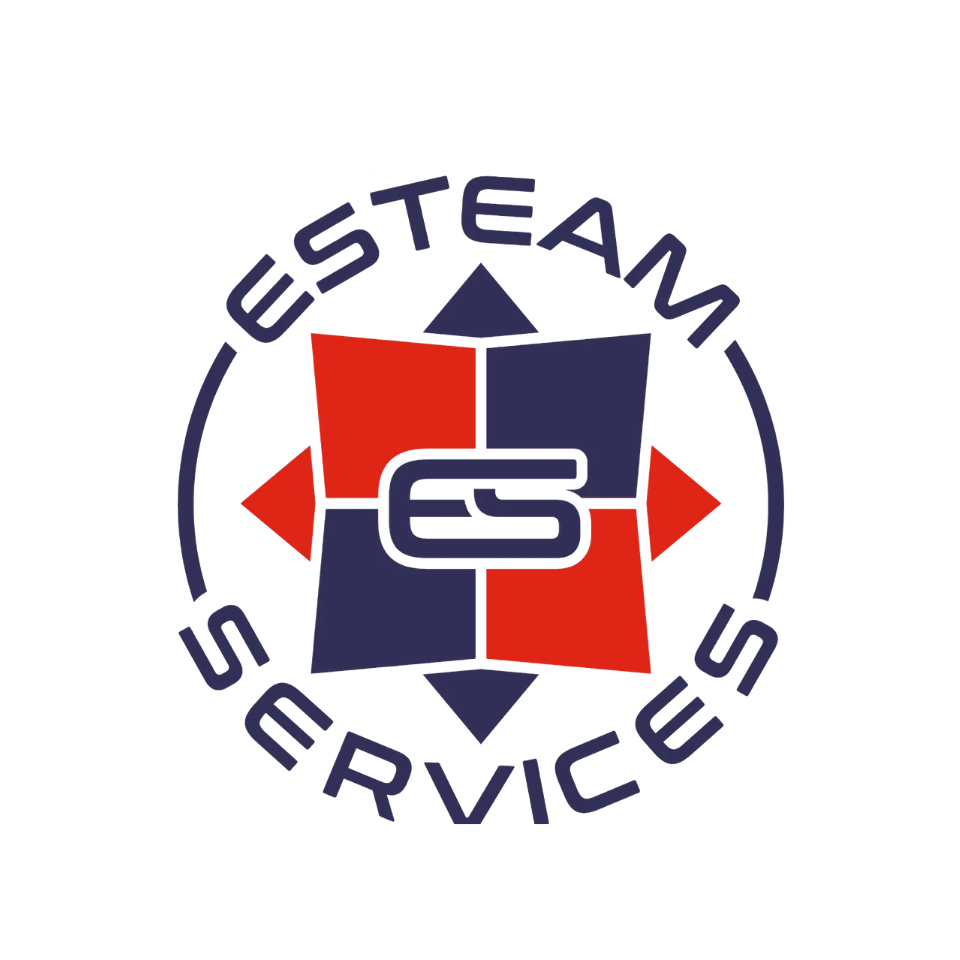 ESTEAM Services logo with red and navy geometric shapes and circular text around a central emblem