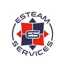 ESTEAM Services logo with red and navy geometric shapes and circular text around a central emblem