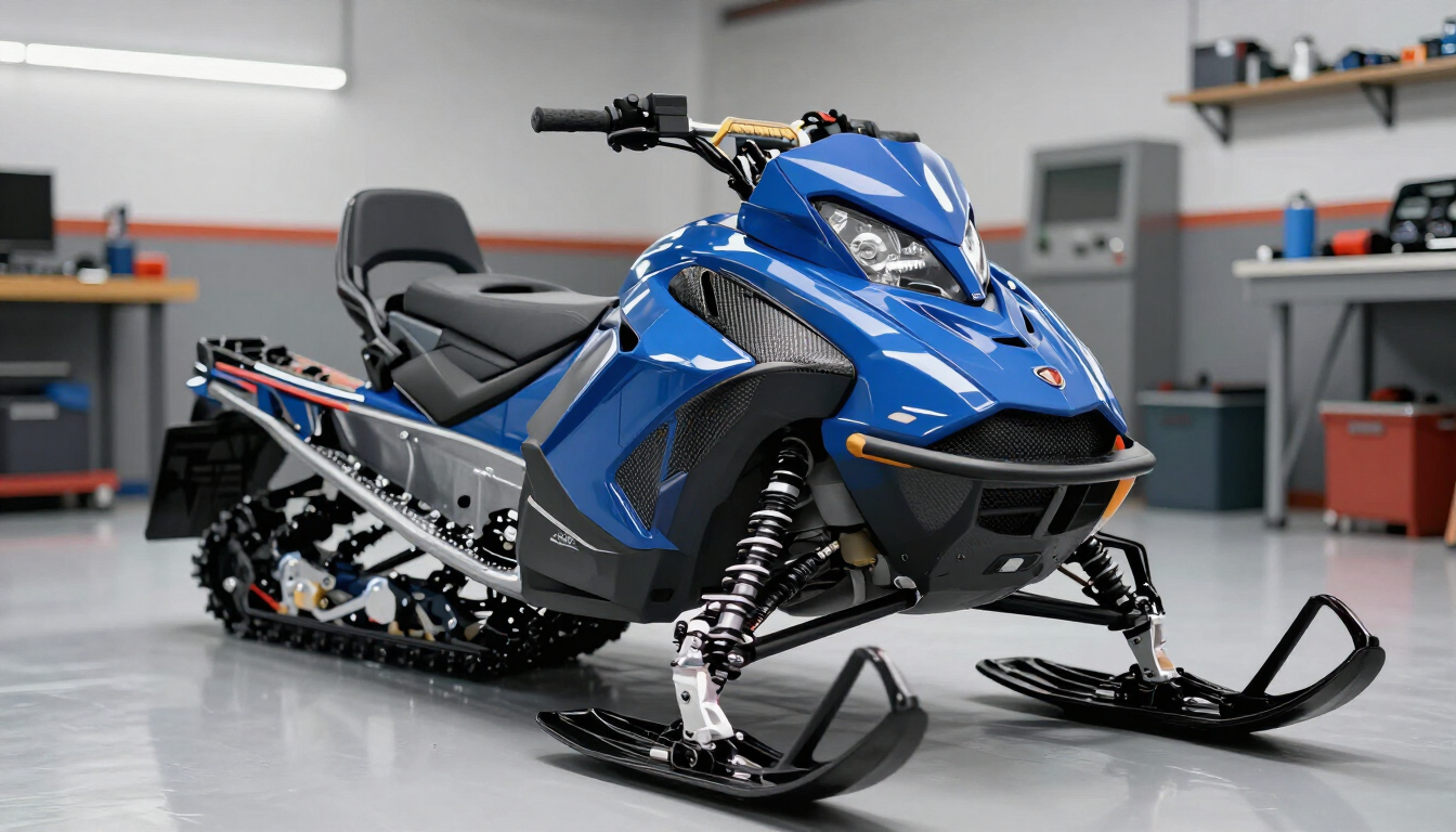 Snowmobile in workshop with engine components