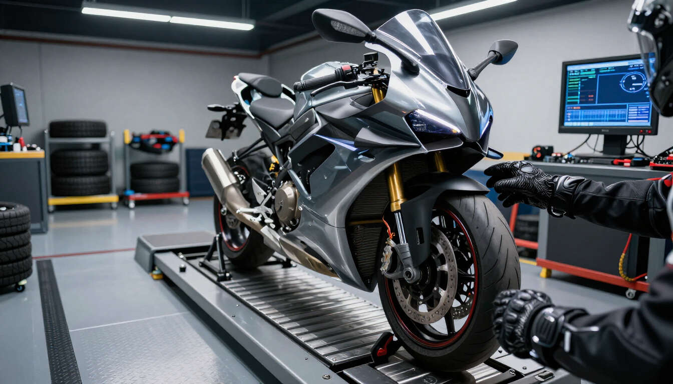 Sport motorcycle strapped to chassis dyno