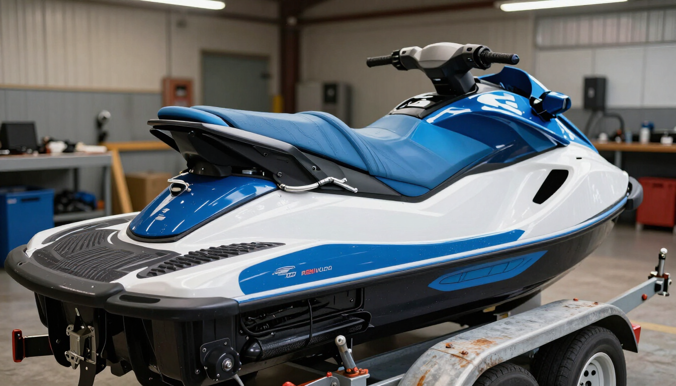 Jet ski on workshop trailer with engine open