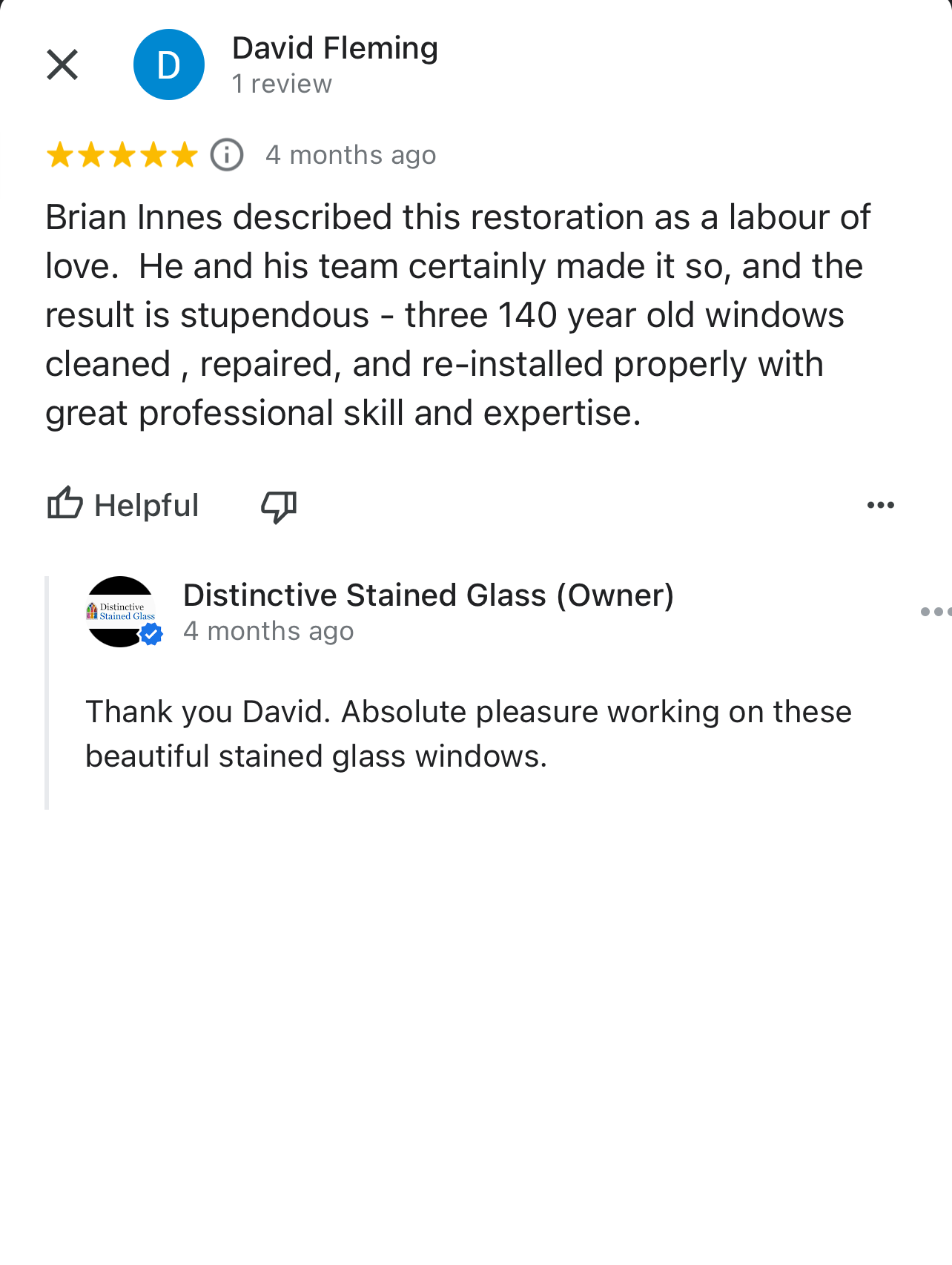 Google review praising Brian Hens for restoring 140-year-old stained glass windows, with a shop reply visible.