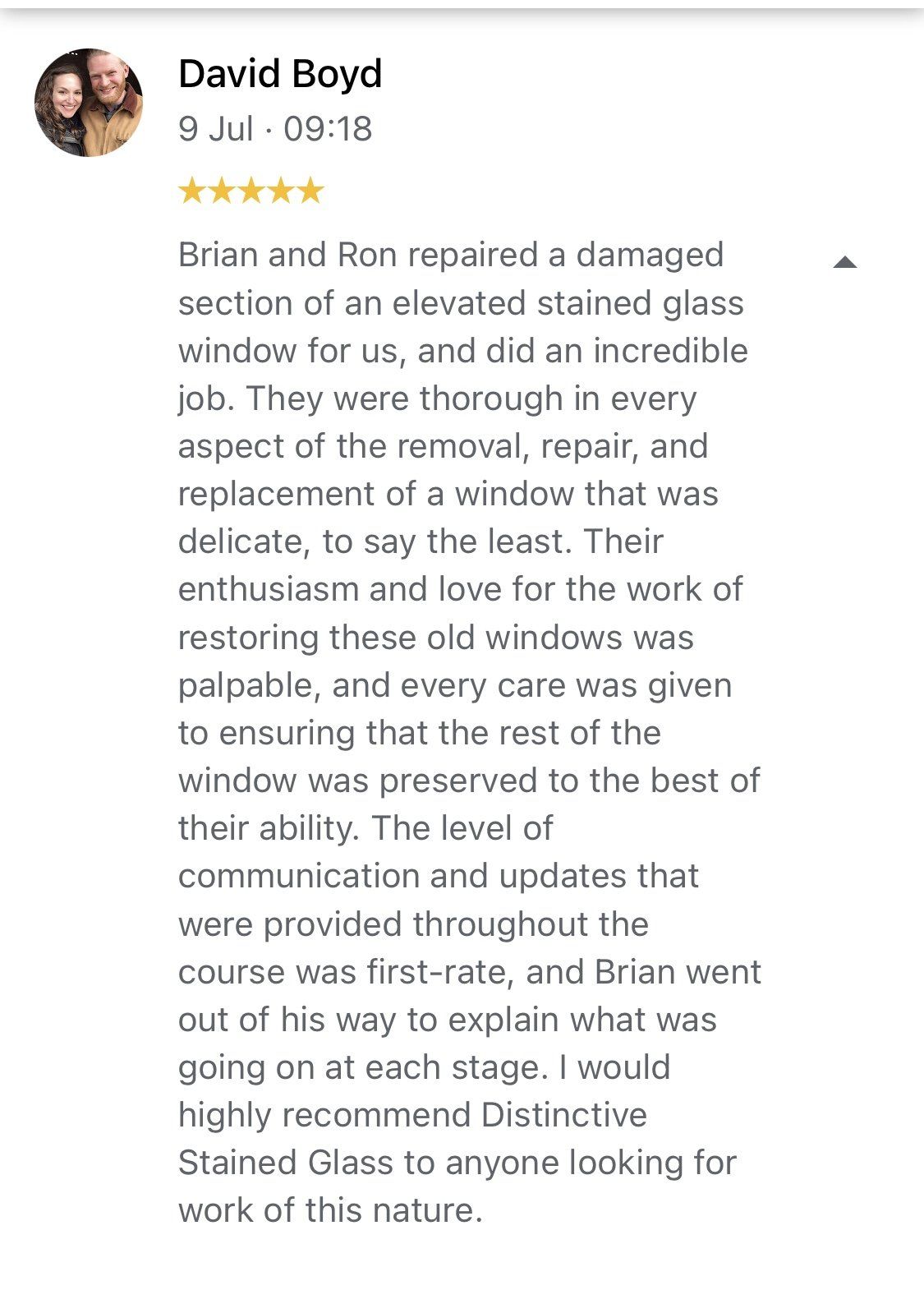 Review post praising Brian and Ron for replacing damaged stained glass on a window.