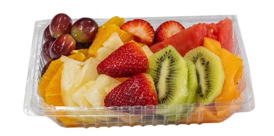 Fruit salad in a clear plastic container: grapes, mango, pineapple, strawberries, kiwi, and watermelon — Henri's Wodonga Bakery in Wodonga, VIC