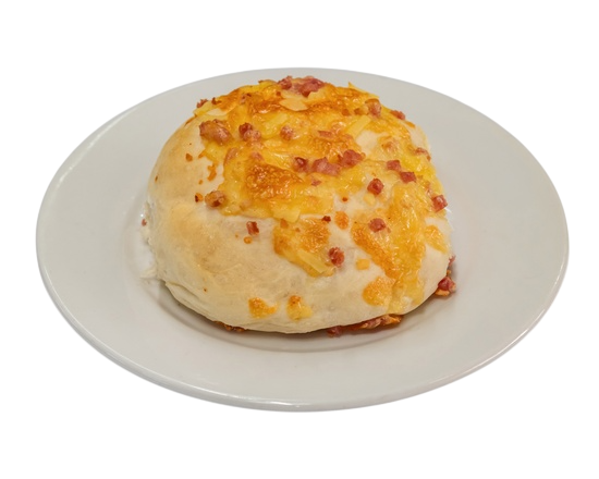 Roll with cheese and bacon on a white plate — Henri's Wodonga Bakery in Wodonga, VIC