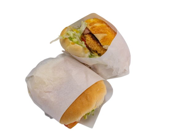 Two wrapped sandwiches, one cut in half, revealing fried food and lettuce — Henri's Wodonga Bakery in Wodonga, VIC