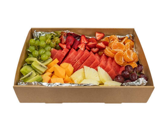Fruit platter: grapes, kiwi, cantaloupe, pineapple, watermelon, strawberries, mandarin oranges — Henri's Wodonga Bakery in Wodonga, VIC