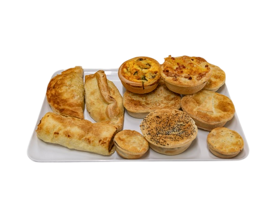 Tray of assorted baked goods: pastries, quiches, and savory pies — Henri's Wodonga Bakery in Wodonga, VIC