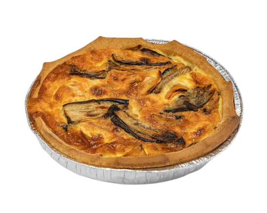 Quiche in foil pan with crust and dark slices on top, on white background — Henri's Wodonga Bakery in Wodonga, VIC