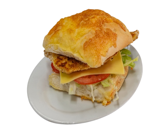 Chicken sandwich on a white plate with cheese, tomato, and lettuce — Henri's Wodonga Bakery in Wodonga, VIC