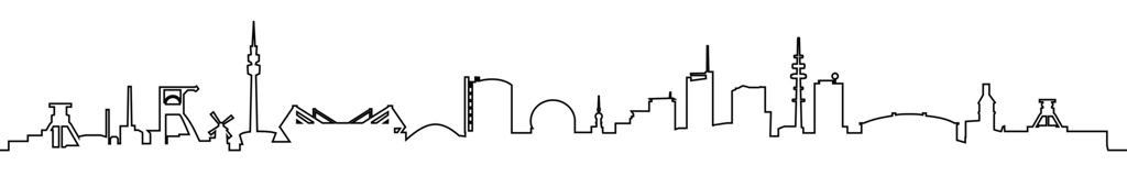 Eine schwarz-weiße Zeichnung einer Skyline auf weißem Hintergrund
