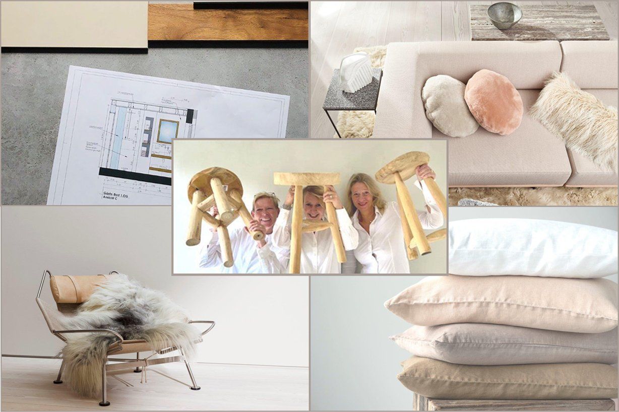 Eine Collage aus Bildern eines Wohnzimmers mit einer Couch und Kissen