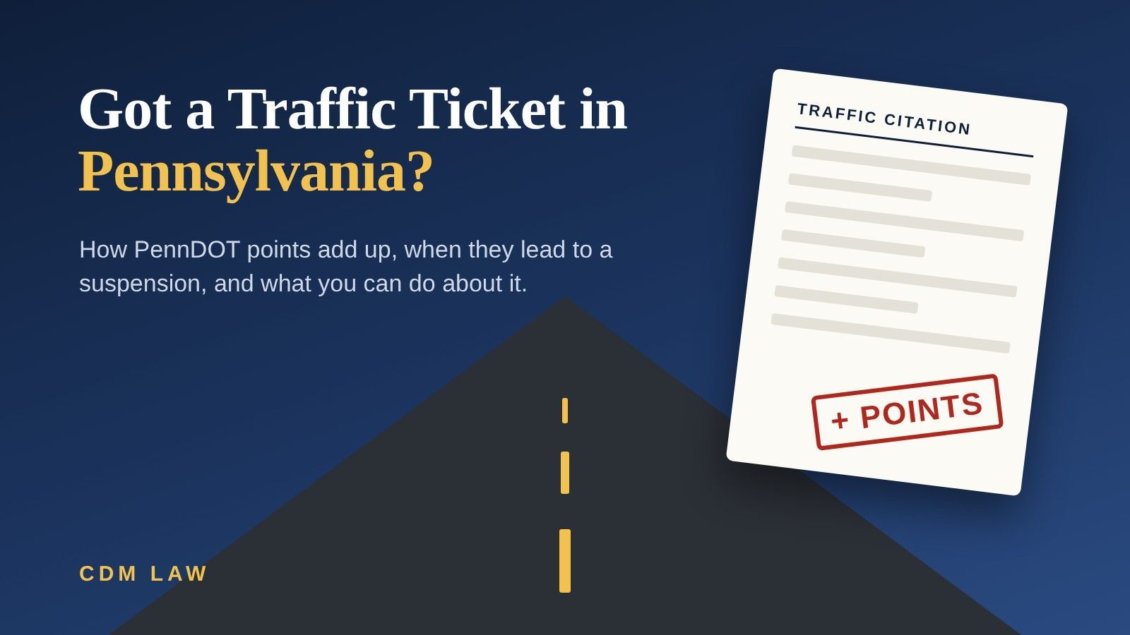 Graphic of a Pennsylvania traffic citation stamped with points over a highway at dusk
