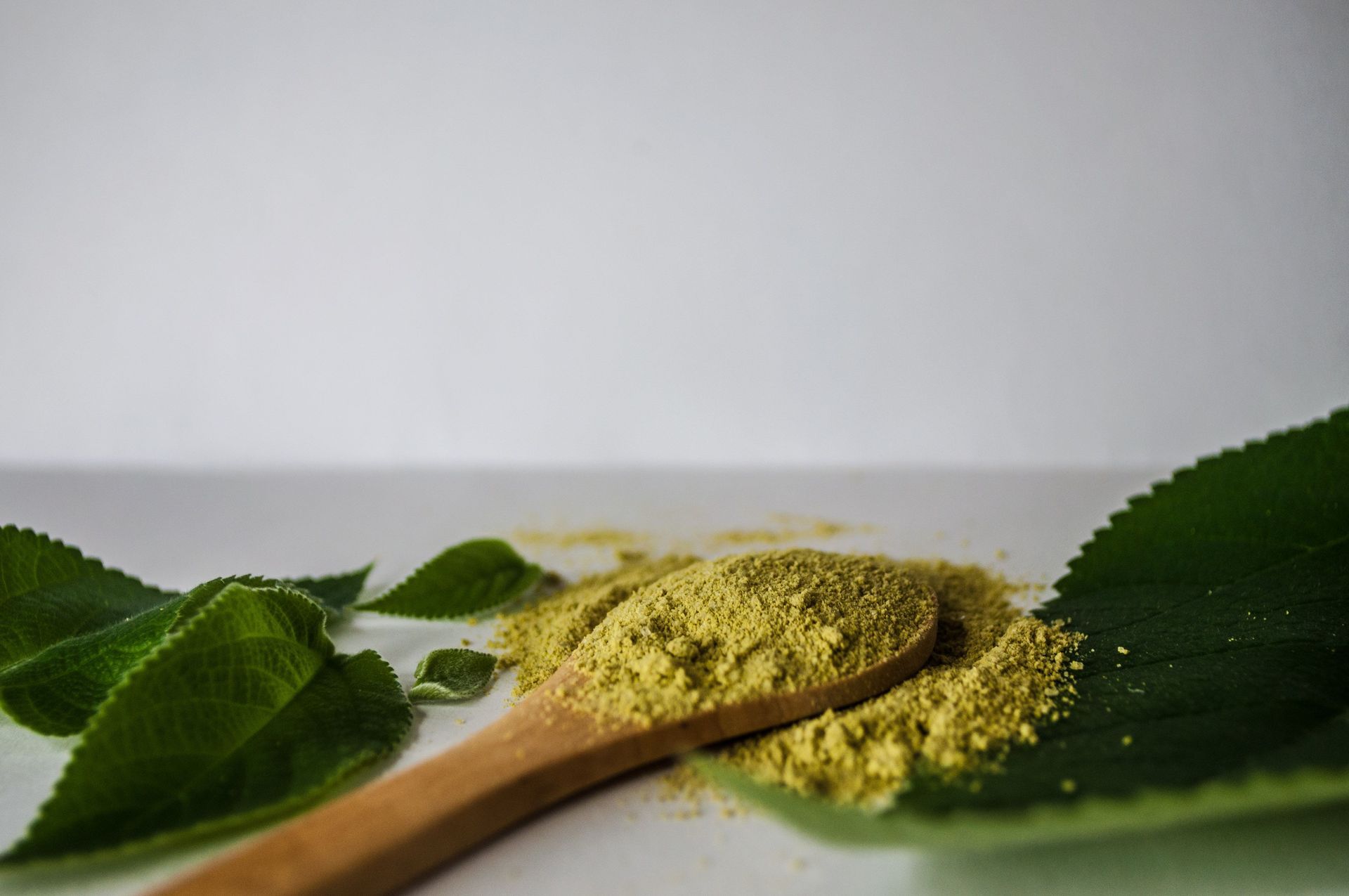 Powdered kratom on a wooden spoon beside fresh kratom leaves