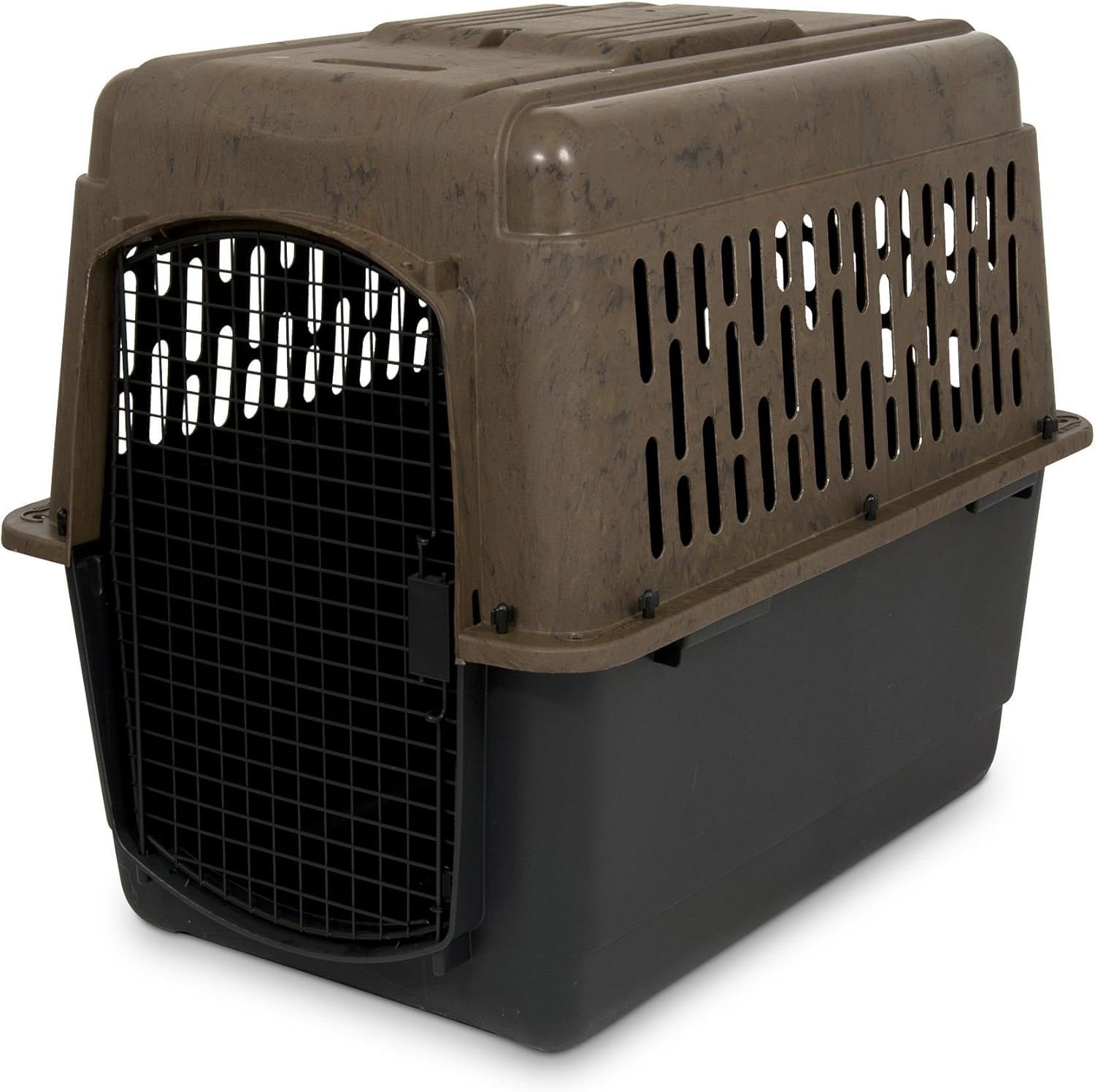 Brown and black pet carrier crate with front door and ventilation slots