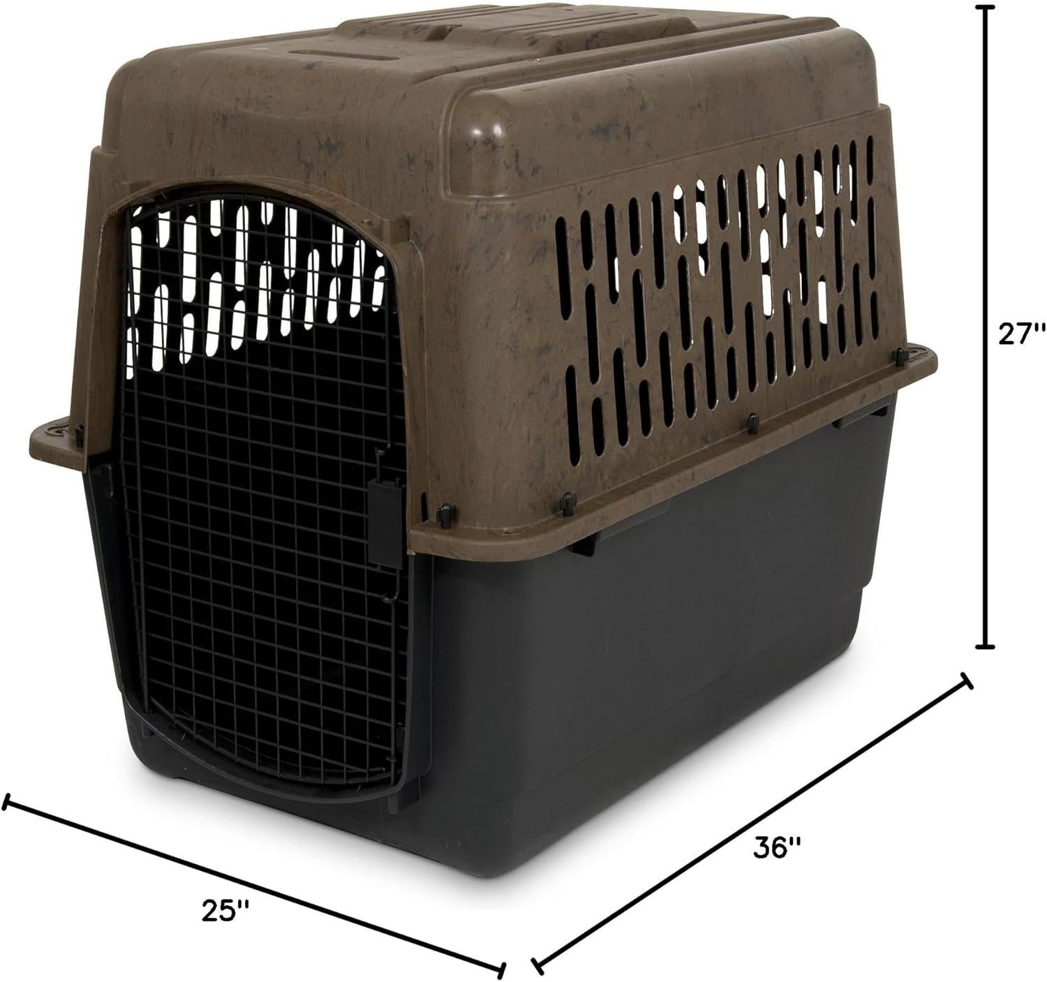 Brown-and-black hard-sided pet crate with front door, shown on white background with size markings