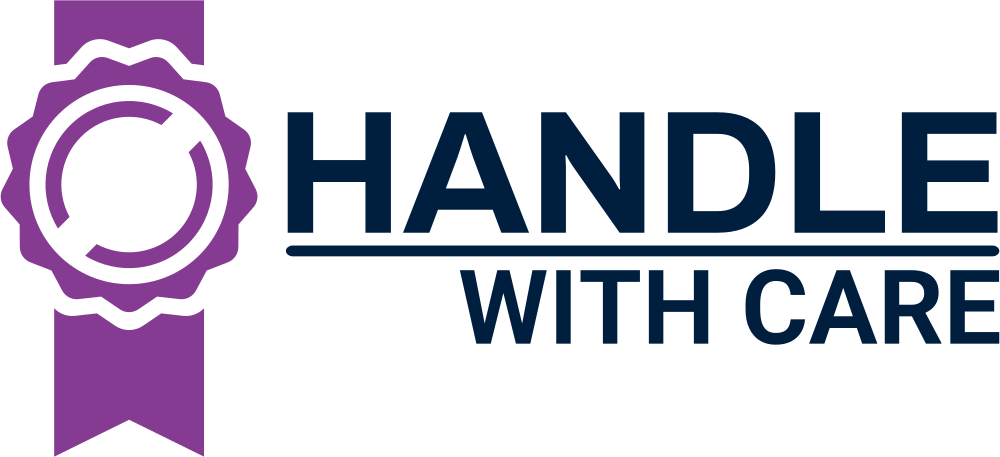 A logo for handle with care with a purple ribbon.