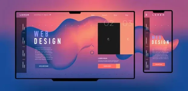 A computer monitor and a cell phone with a web design on them.