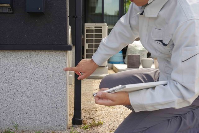 Person in work clothes inspecting the exterior of a building, pointing at the wall while holding a tablet. Person in work clothes inspecting the exterior of a building, pointing at the wall while holding a tablet.