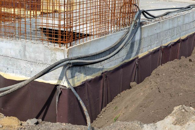 Construction site: concrete foundation with rebar, black pipes, and brown drainage material against soil. Construction site: concrete foundation with rebar, black pipes, and brown drainage material against soil.