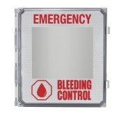 Wall-mounted white emergency bleeding control cabinet with red text and a red blood drop icon.