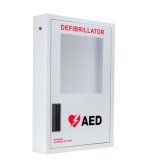 A white wall-mounted AED cabinet with a glass front, featuring the red text 
