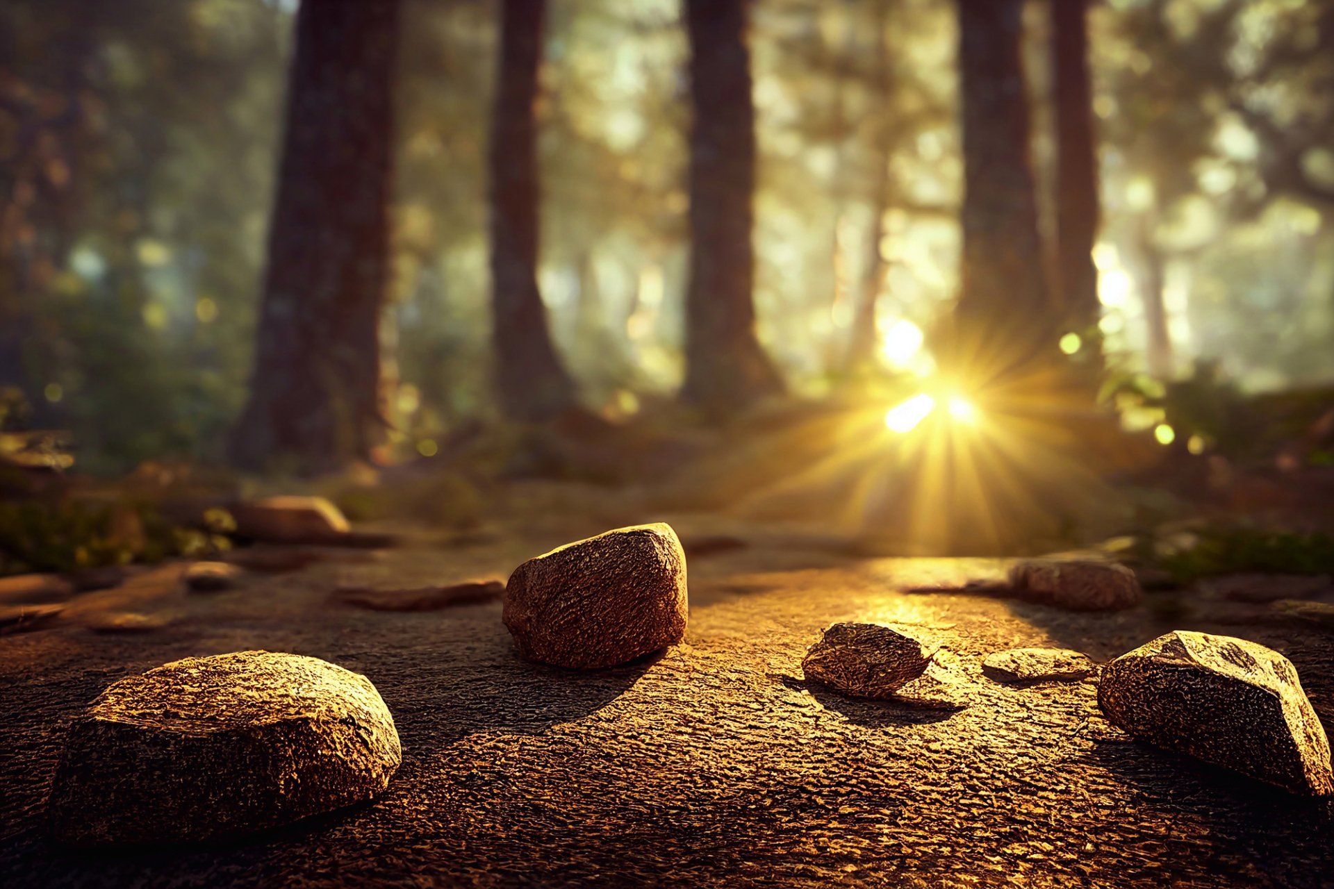 Sentiero nel bosco illuminato dal sole, con rocce. La luce del sole filtra tra gli alberi, illuminando il terreno.