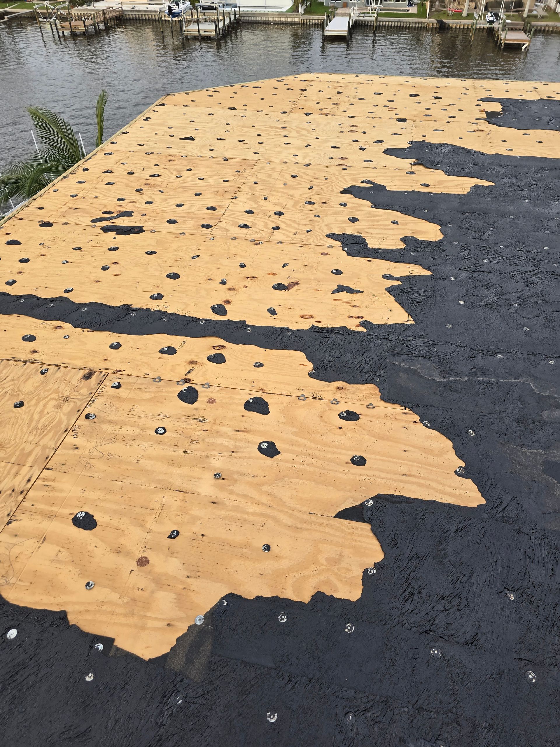 Weathered wooden dock with black repair patches over water at the edge of a waterfront.