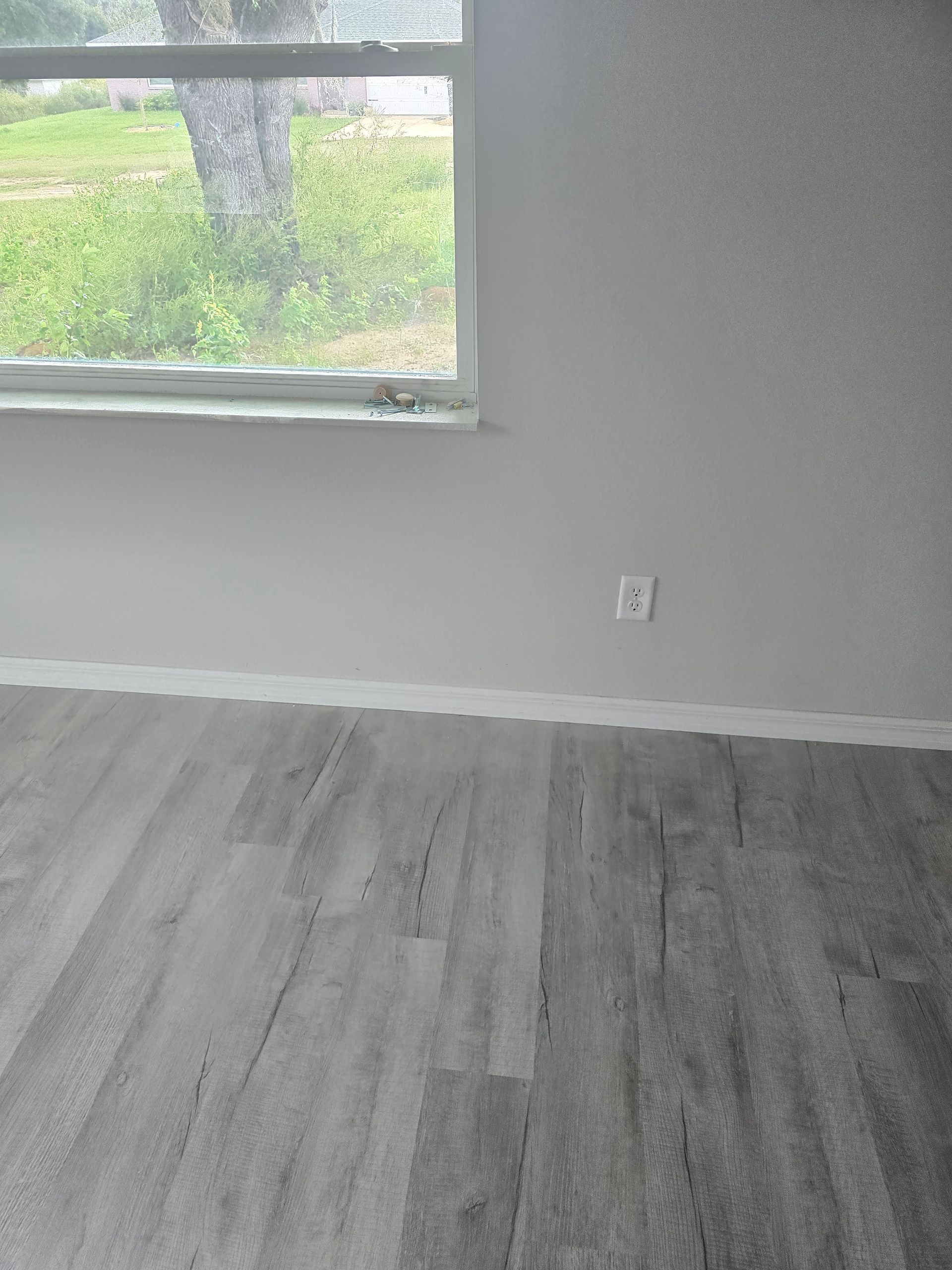 Empty gray room with wood-look flooring and a window showing greenery outside