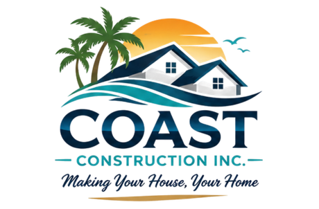 COAST Construction Inc. logo with palm trees, roofed houses, blue waves, and tagline “Making Your House, Your Home”