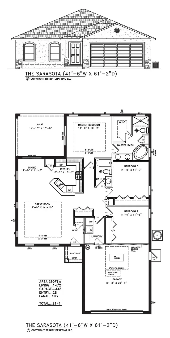 House exterior and floor plan blueprint, black-and-white architectural drawing with rooms labeled.