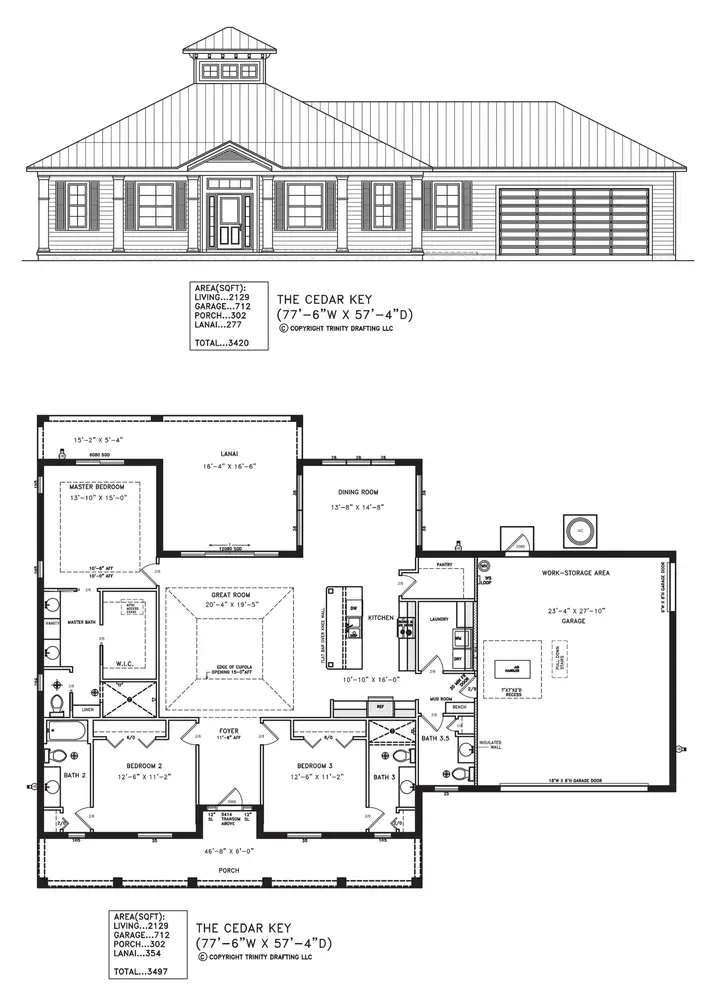 Architectural blueprint of a single-story house floor plan and front elevation