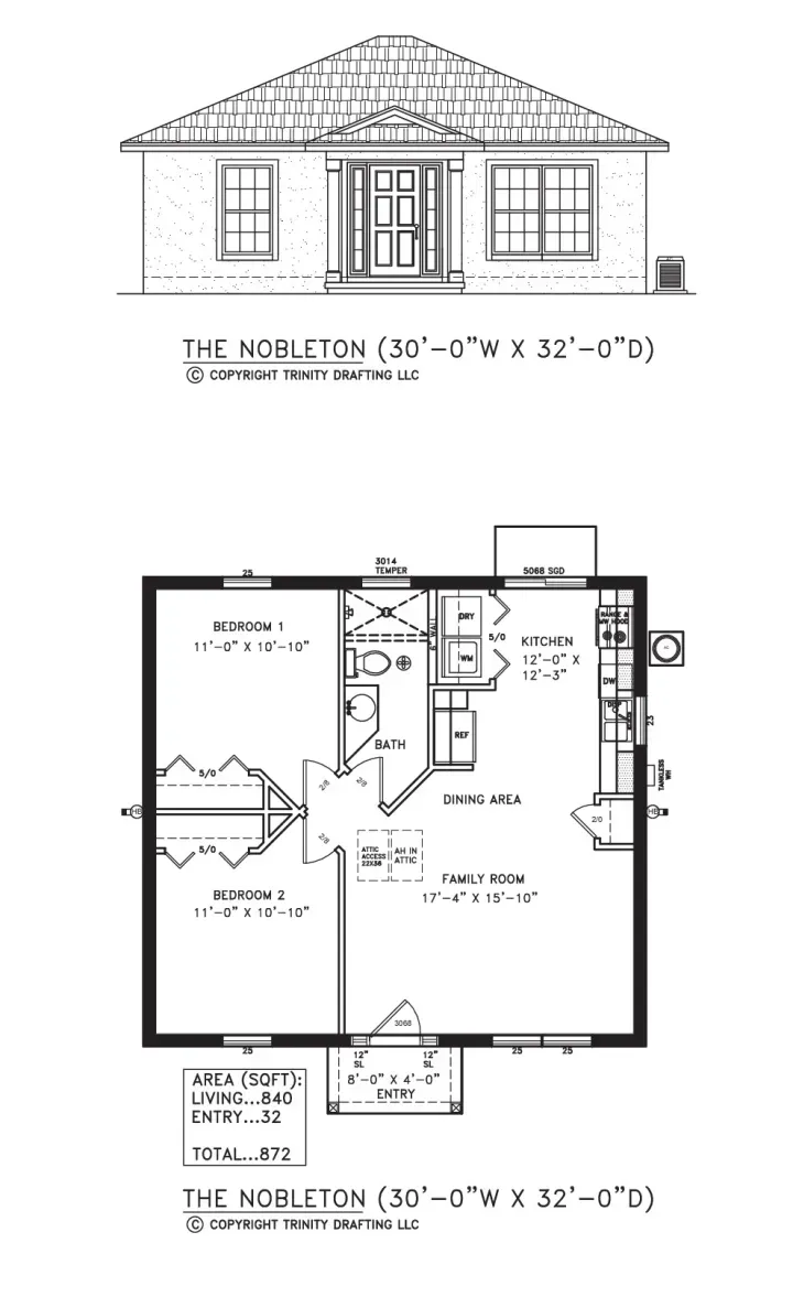 House elevation and floor plan blueprint with front view and interior layout labels