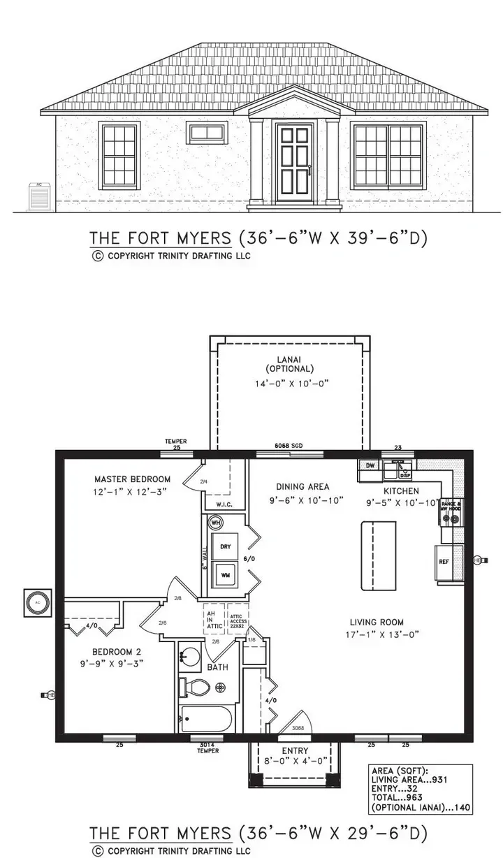 House elevation and floor plan blueprint showing front view and interior room layout