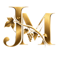 Gold monogram “JM” with grapevine leaves and berries in an elegant metallic style