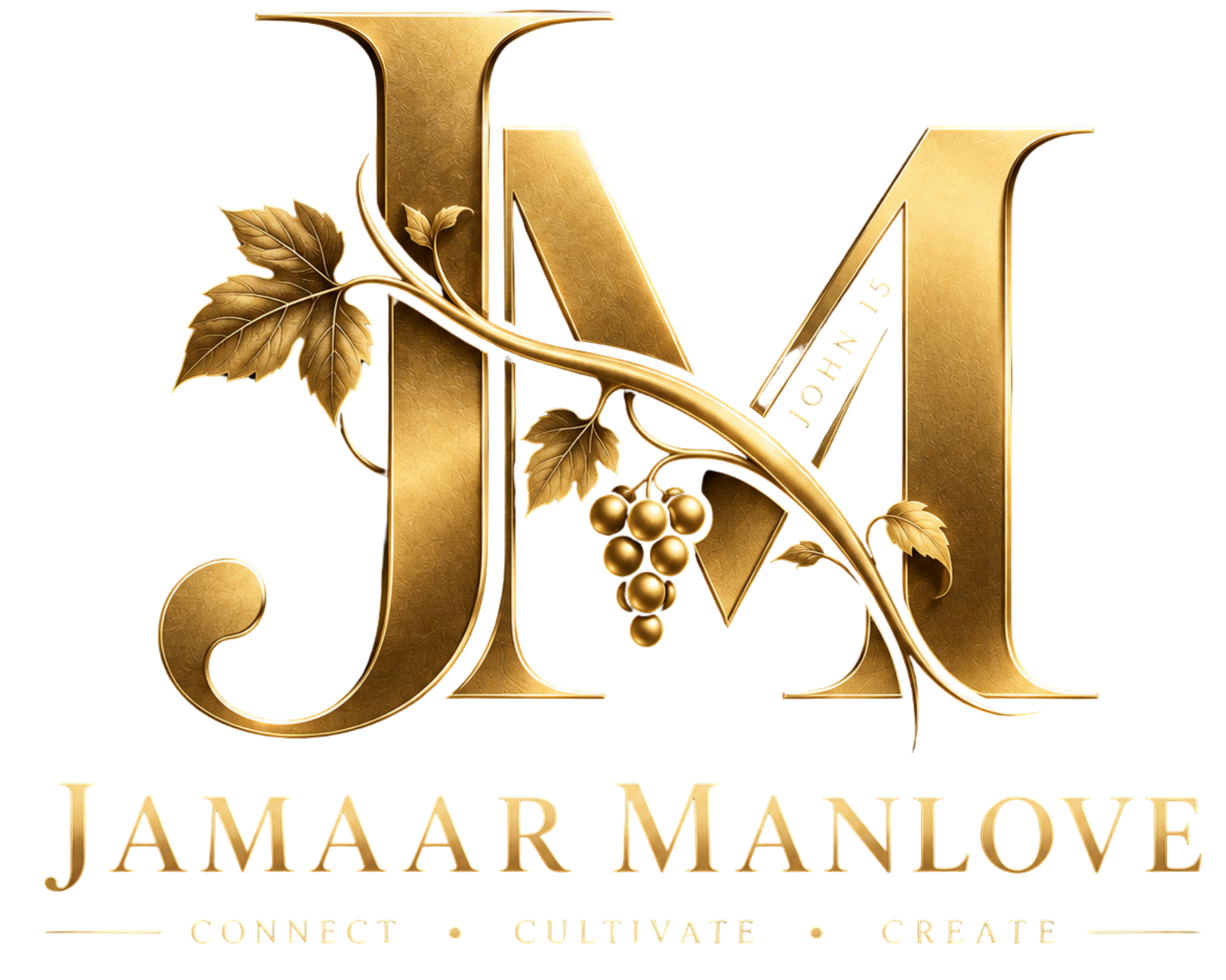 Gold monogram &ldquo;JM&rdquo; with grapevine and the name &ldquo;Jamaar Manlove&rdquo; beneath on white background