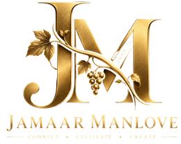 Gold monogram “JM” with grapevine leaves and berries above “JAMAAR MANLOVE” logo text