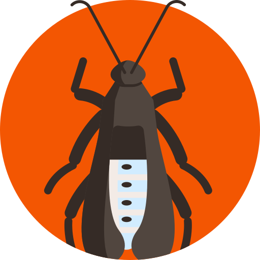 Un icono de una cucaracha en un círculo naranja.