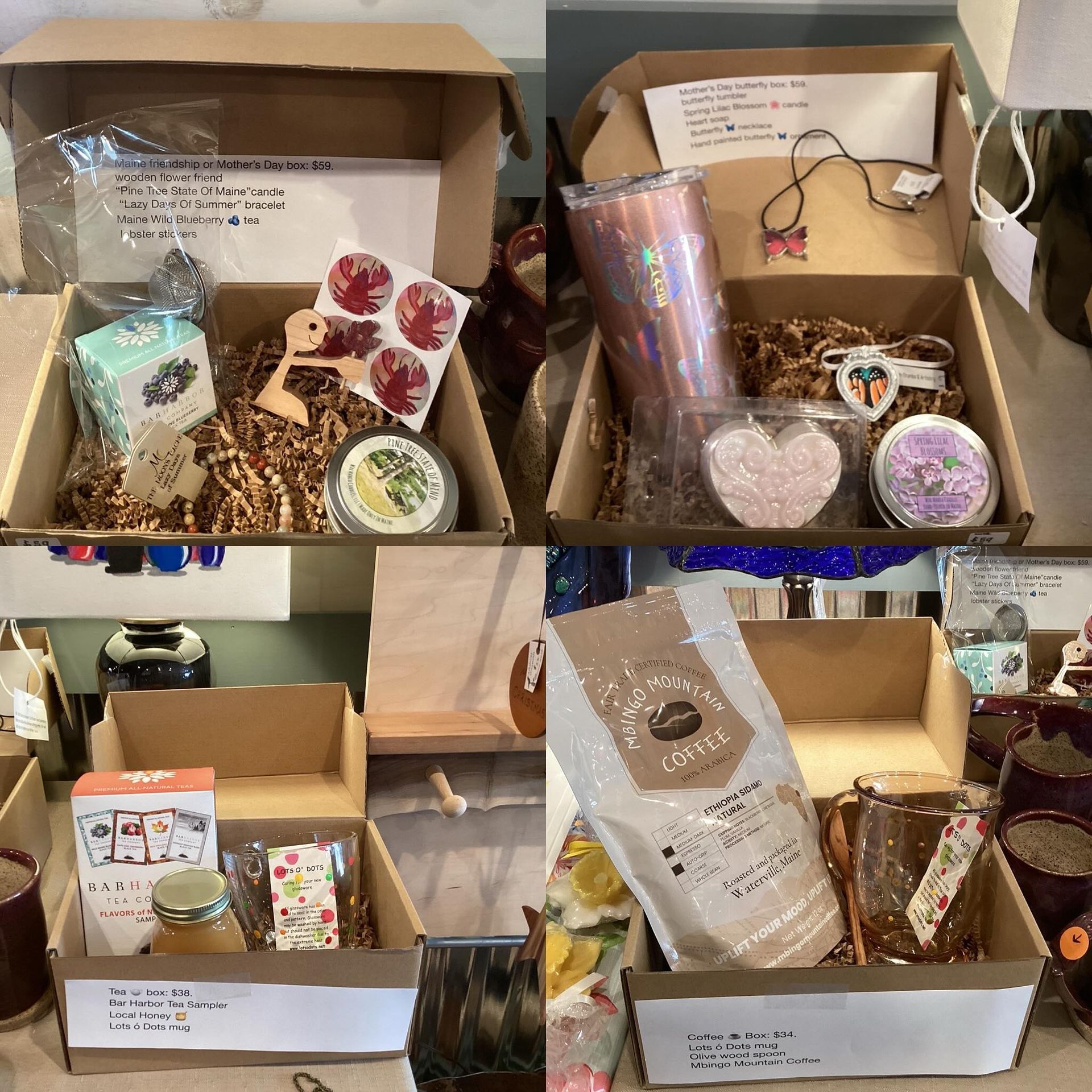 A collage of four pictures of boxes filled with various items