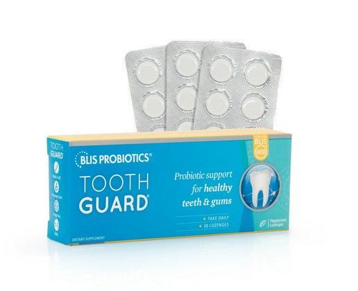 Box of BLIS PROBIOTICS Tooth Guard pills; supports healthy teeth and gums. Blue box with blister packs. Box of BLIS PROBIOTICS Tooth Guard pills; supports healthy teeth and gums. Blue box with blister packs.