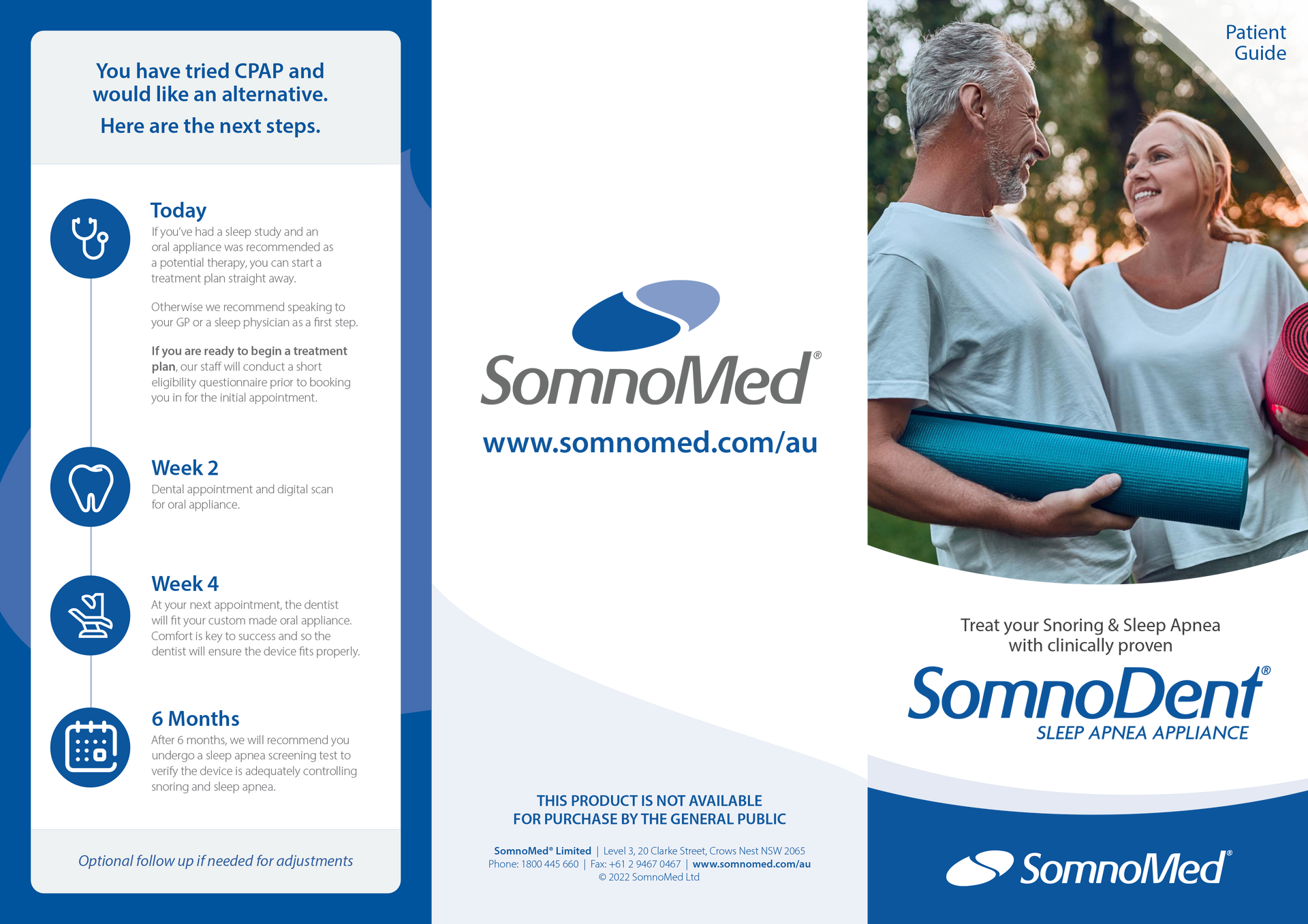 Brochure for SomnoMed, a sleep apnea appliance. Elderly couple in a park. Timeline for device fitting.
