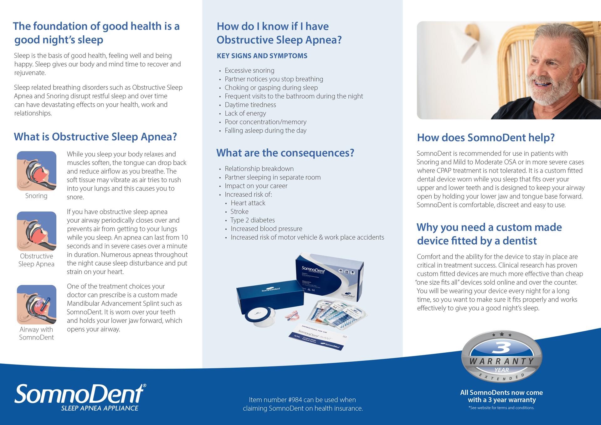 Brochure about obstructive sleep apnea, with text, illustrations, and a man smiling.
