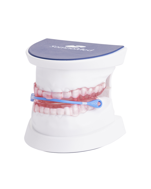 Dental appliance model with a blue band, on white display.