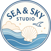 Sea & Sky Studio logo with blue waves, seashell, clouds, and birds in a circular frame