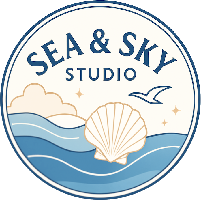 Sea & Sky Studio logo with blue waves, seashell, clouds, and birds in a circular frame