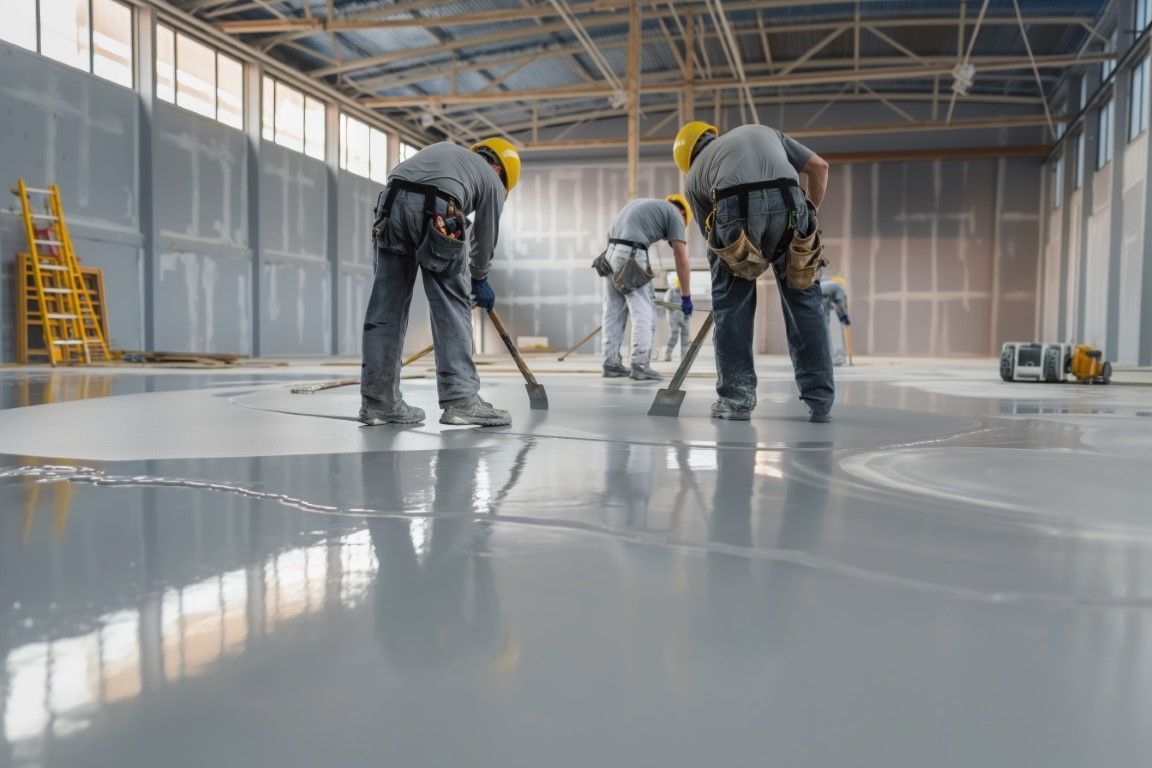 Workers applying glossy epoxy flooring in a large unfinished warehouse