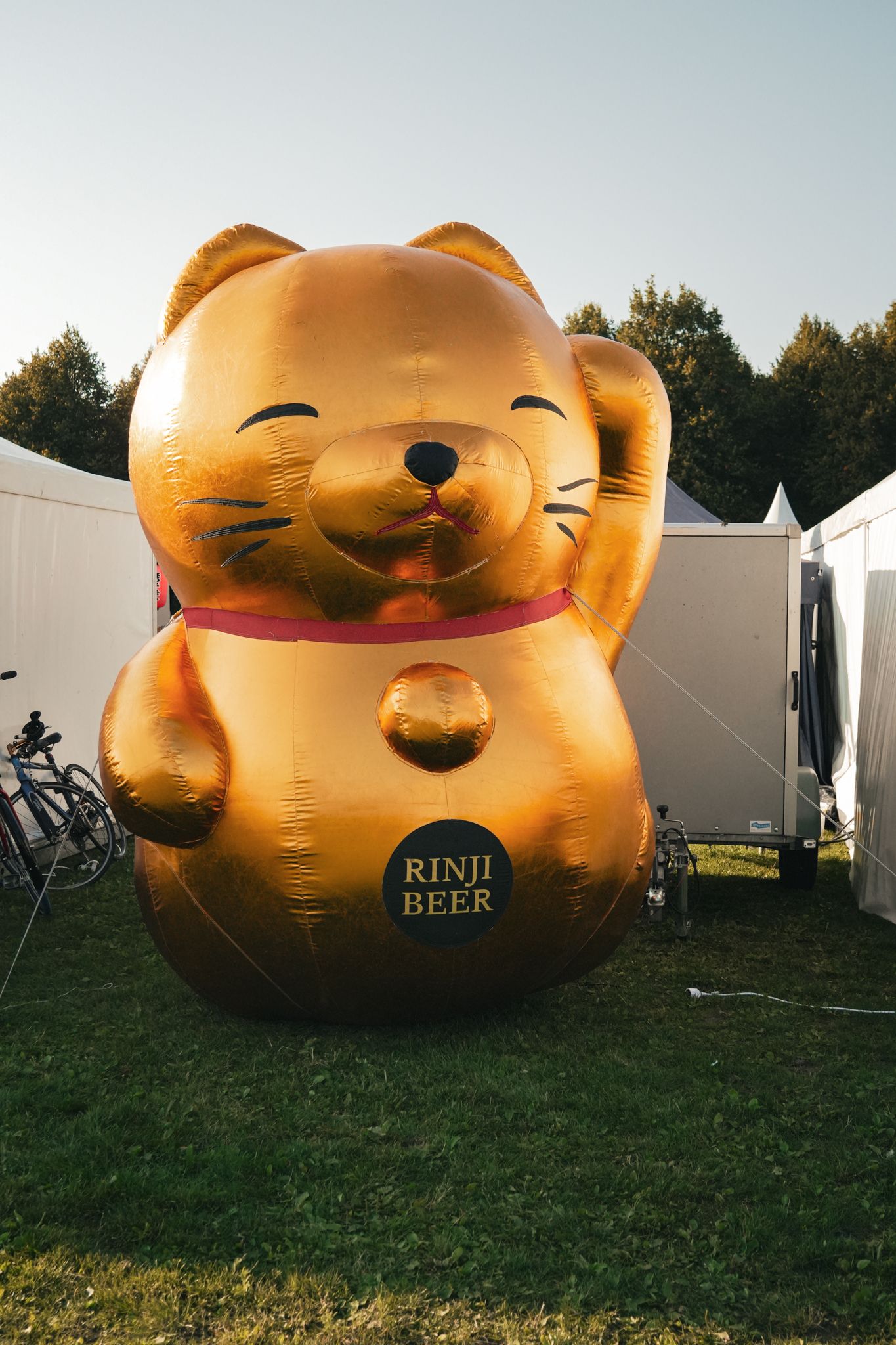 Large golden Maneki-neko cat statue with a raised paw on grass, outdoors between white tents.