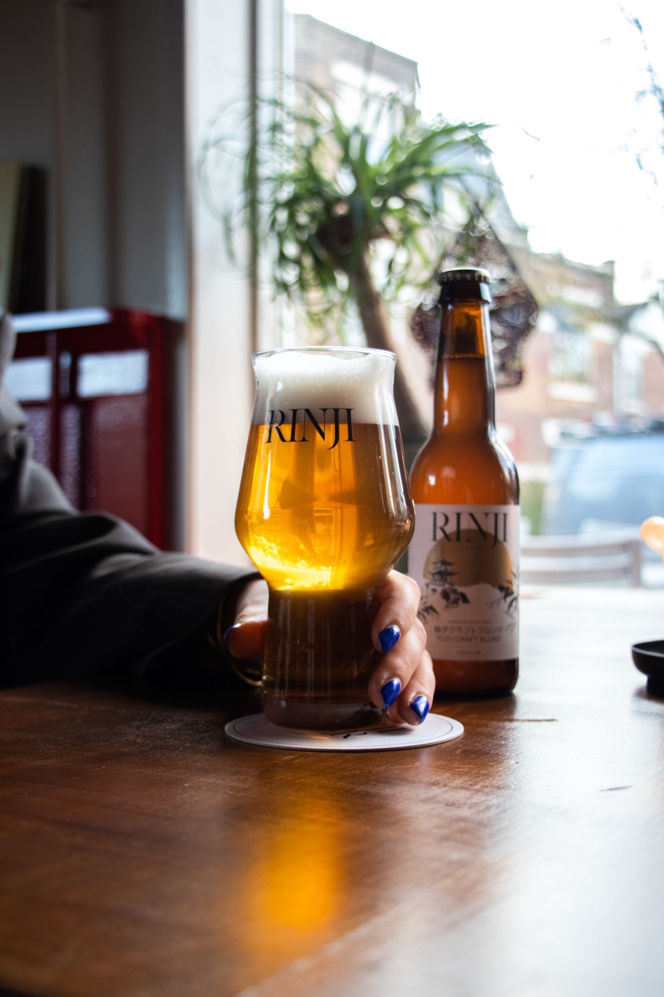 Beer glass and bottle on a wooden table by a bright window, with a blurred plant in the background